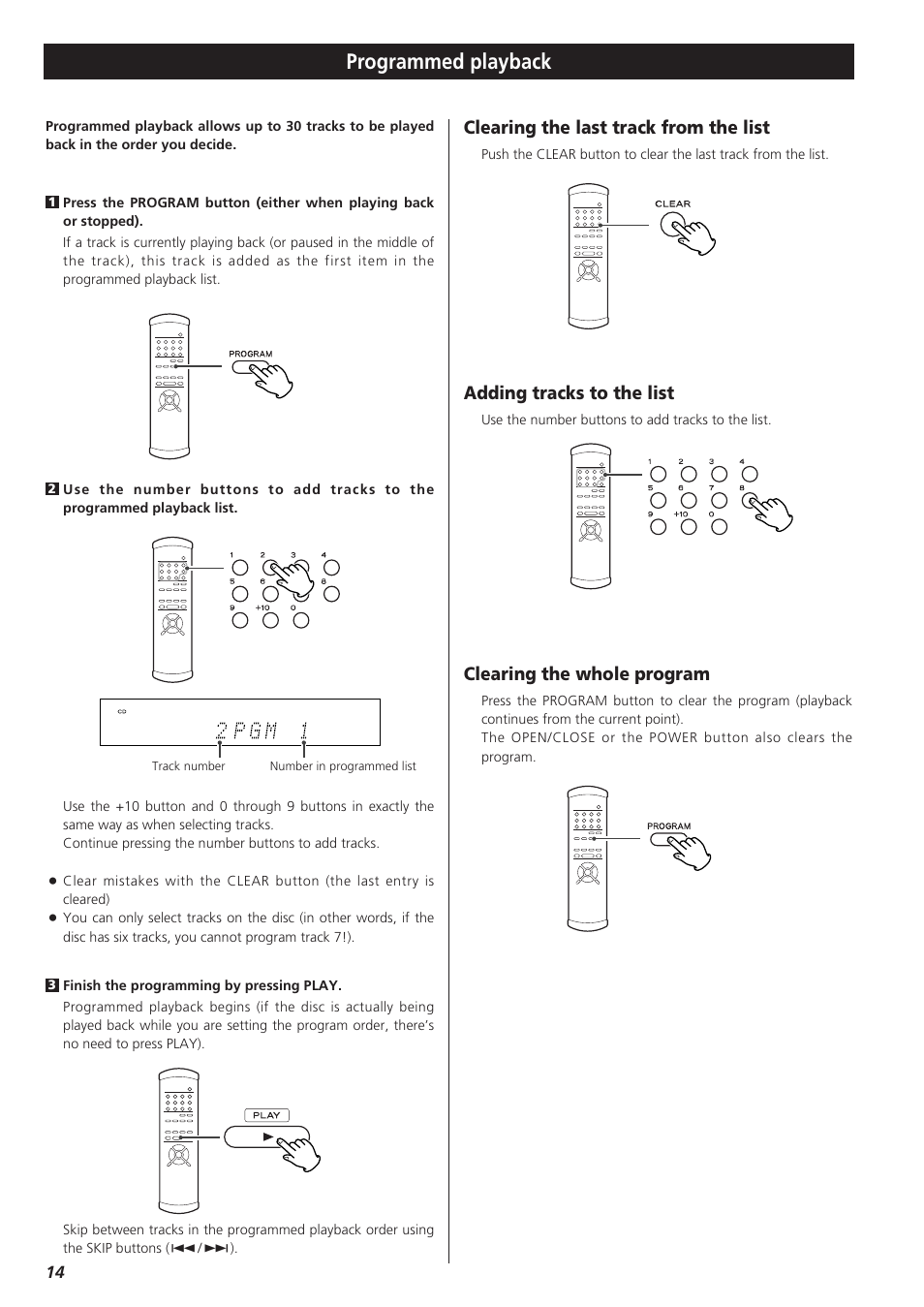 Programmed playback, Clearing the last track from the list, Adding tracks to the list | Clearing the whole program | Teac X-01 User Manual | Page 14 / 64