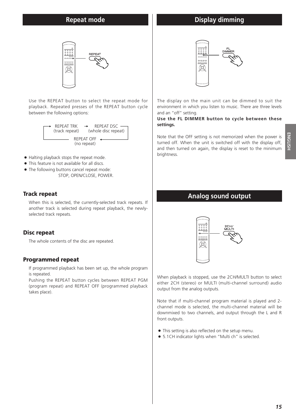 Repeat mode, Display dimming, Analog sound output | Track repeat, Disc repeat, Programmed repeat | Teac X-01 User Manual | Page 15 / 64