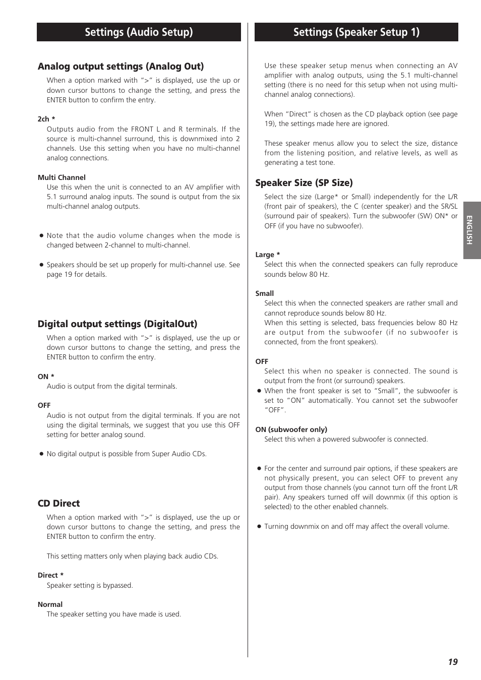 Settings (audio setup), Settings (speaker setup 1), Analog output settings (analog out) | Digital output settings (digitalout), Cd direct, Speaker size (sp size) | Teac X-01 User Manual | Page 19 / 64