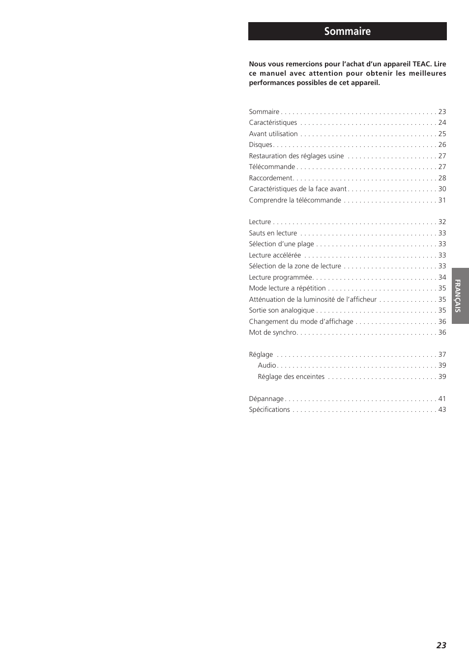 Francais, Sommaire | Teac X-01 User Manual | Page 23 / 64