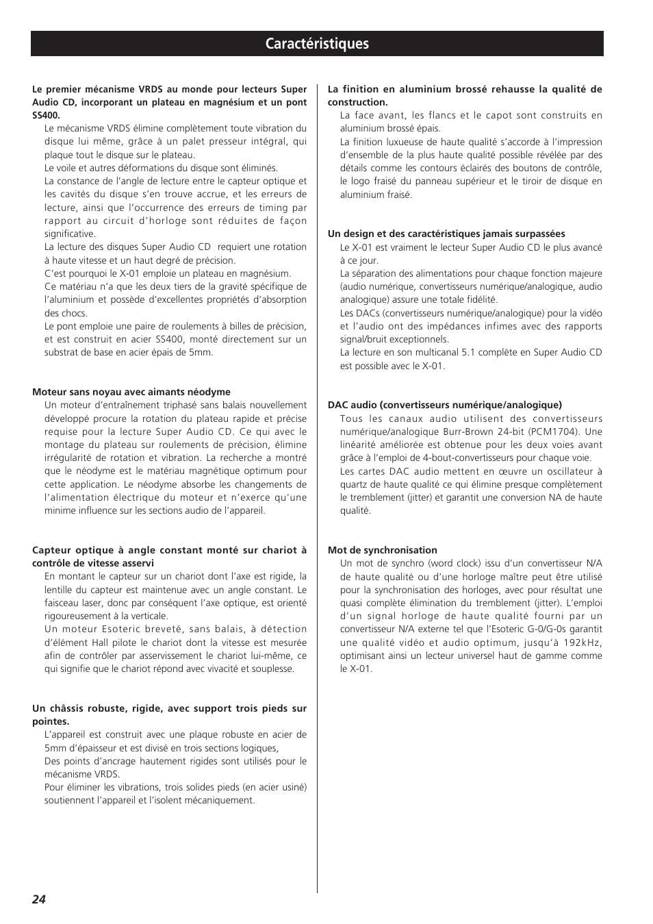 Caractéristiques | Teac X-01 User Manual | Page 24 / 64