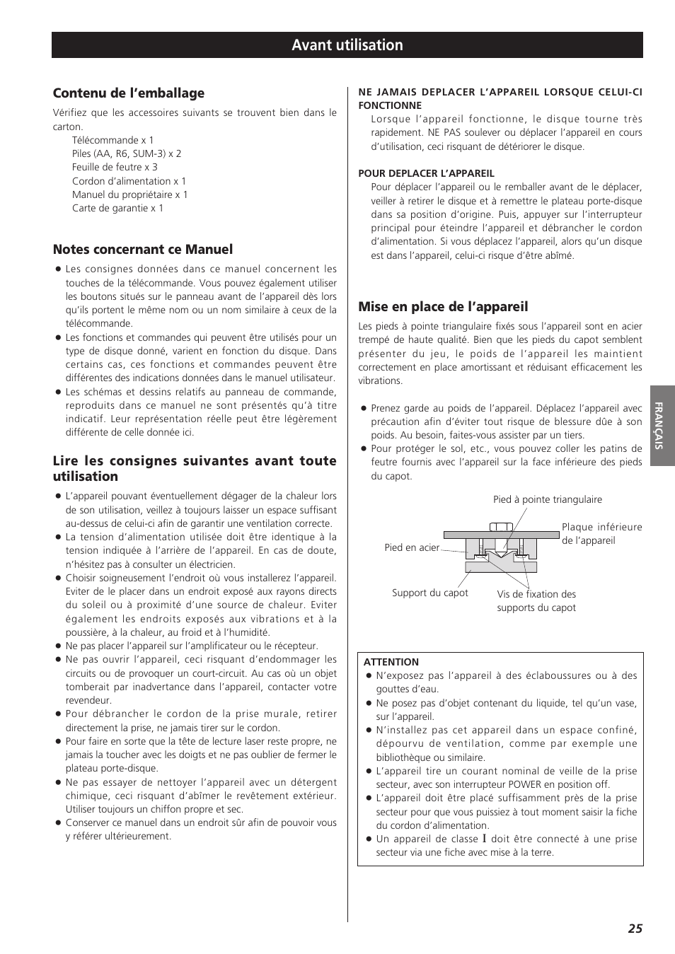 Avant utilisation, Contenu de l’emballage, Mise en place de l’appareil | Teac X-01 User Manual | Page 25 / 64