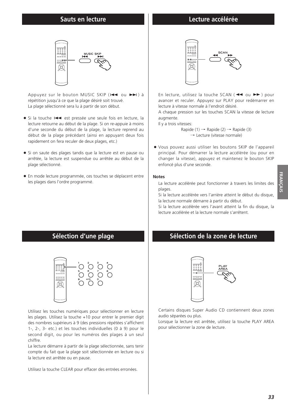 Sélection de la zone de lecture sauts en lecture, Sélection d’une plage, Lecture accélérée | Teac X-01 User Manual | Page 33 / 64