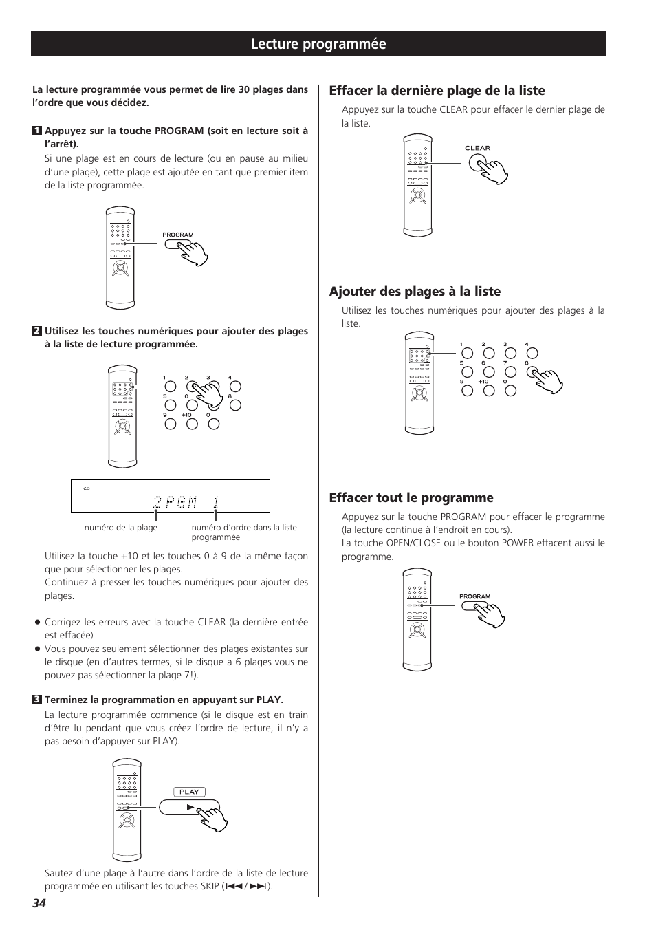 Lecture programmée, Effacer la dernière plage de la liste, Ajouter des plages à la liste | Effacer tout le programme | Teac X-01 User Manual | Page 34 / 64