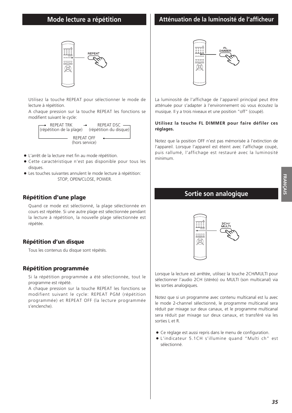 Mode lecture a répétition, Sortie son analogique, Atténuation de la luminosité de l’afficheur | Répétition d’une plage, Répétition d’un disque, Répétition programmée | Teac X-01 User Manual | Page 35 / 64