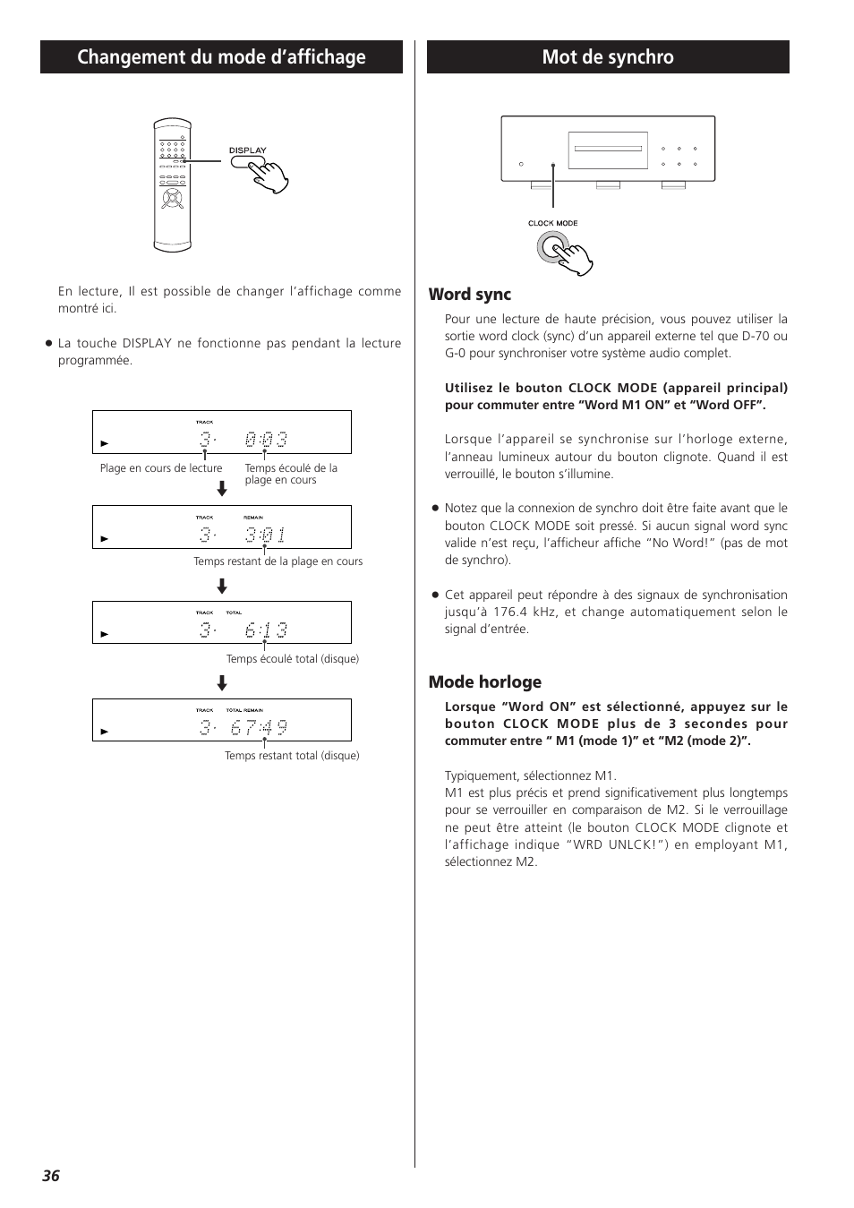 Mot de synchro, Changement du mode d’affichage, Word sync | Mode horloge | Teac X-01 User Manual | Page 36 / 64