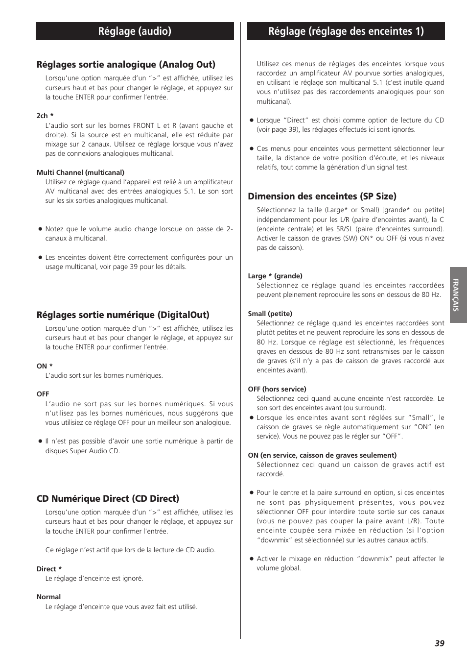 Réglage (audio), Réglage (réglage des enceintes 1), Réglages sortie analogique (analog out) | Réglages sortie numérique (digitalout), Cd numérique direct (cd direct), Dimension des enceintes (sp size) | Teac X-01 User Manual | Page 39 / 64