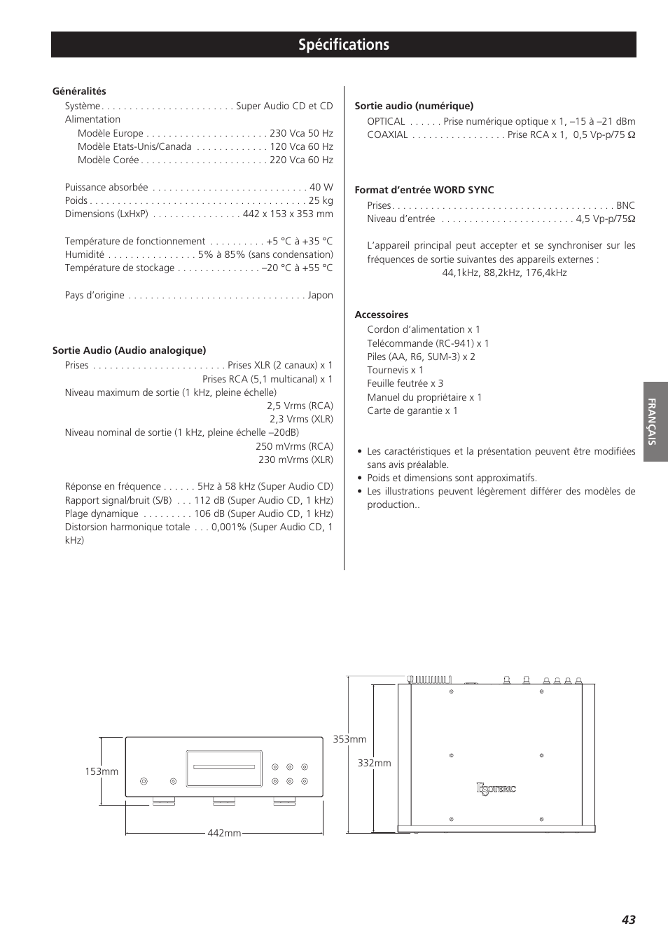 Spécifications | Teac X-01 User Manual | Page 43 / 64