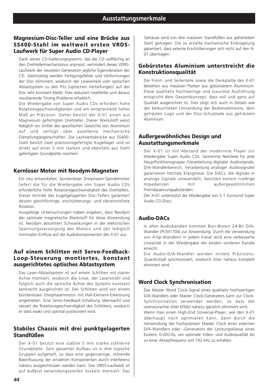 Ausstattungsmerkmale | Teac X-01 User Manual | Page 44 / 64