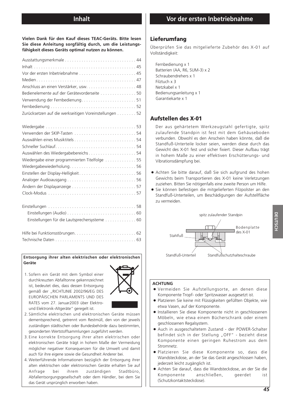 Deutsch, Inhalt, Vor der ersten inbetriebnahme | Lieferumfang, Aufstellen des x-01 | Teac X-01 User Manual | Page 45 / 64