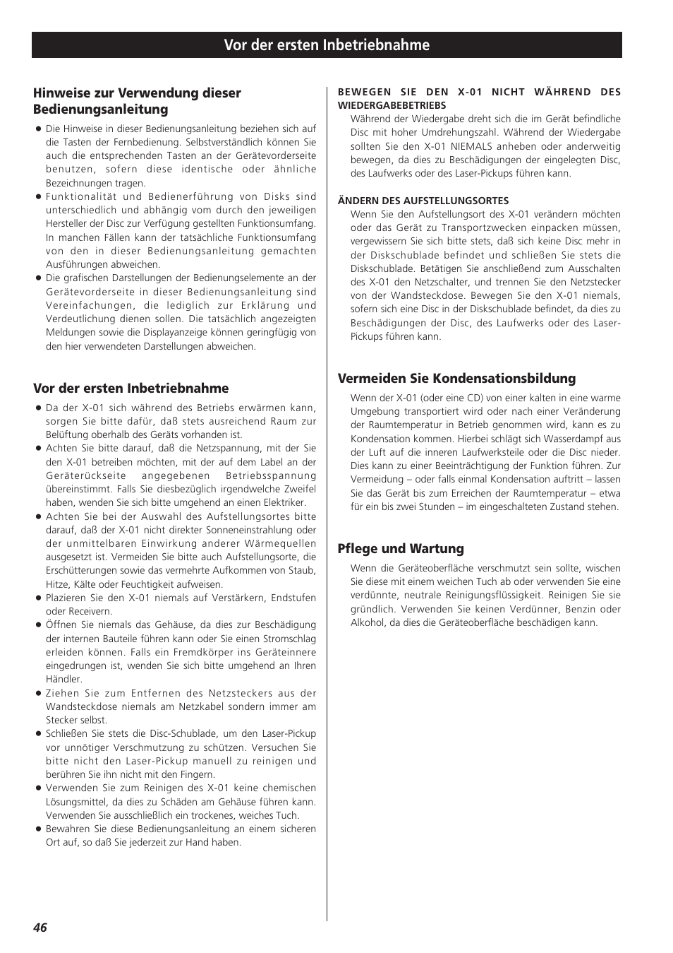 Hinweise zur verwendung dieser bedienungsanleitung, Vor der ersten inbetriebnahme, Vermeiden sie kondensationsbildung | Pflege und wartung | Teac X-01 User Manual | Page 46 / 64