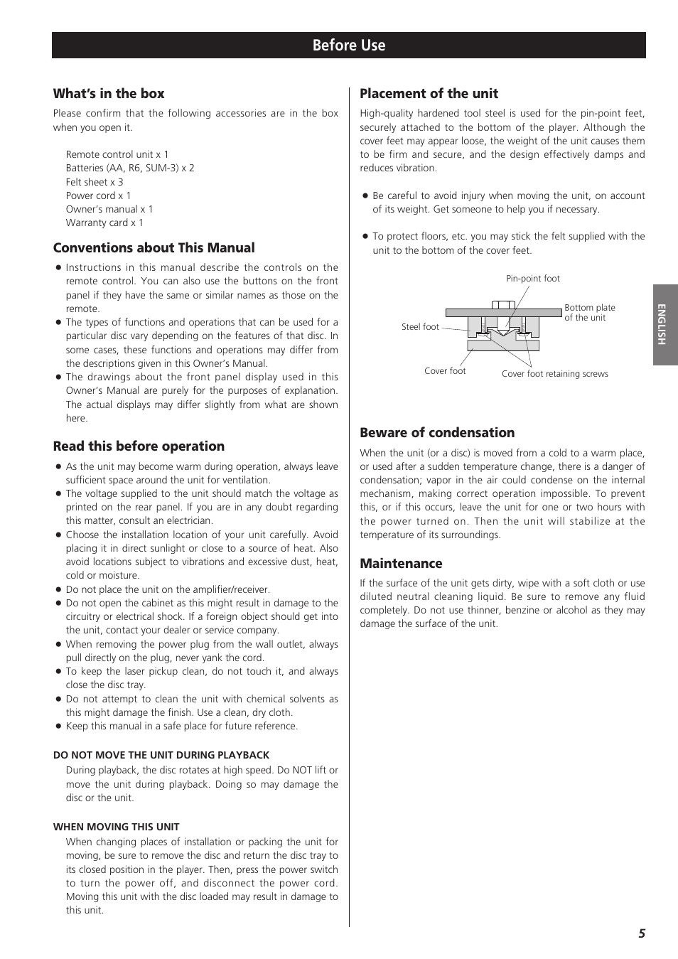 Before use, What’s in the box, Conventions about this manual | Read this before operation, Placement of the unit, Beware of condensation, Maintenance | Teac X-01 User Manual | Page 5 / 64