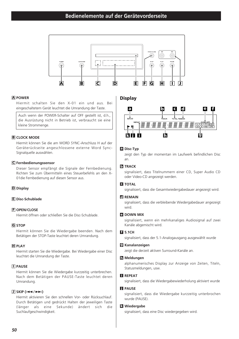 Bedienelemente auf der gerätevorderseite, Display | Teac X-01 User Manual | Page 50 / 64