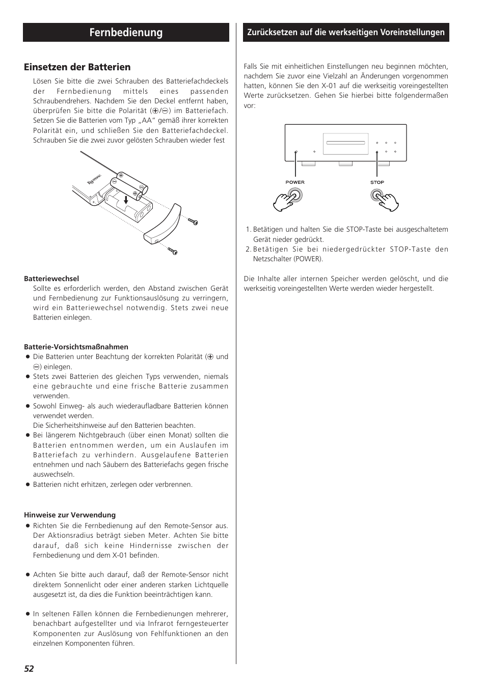 Fernbedienung, Einsetzen der batterien | Teac X-01 User Manual | Page 52 / 64