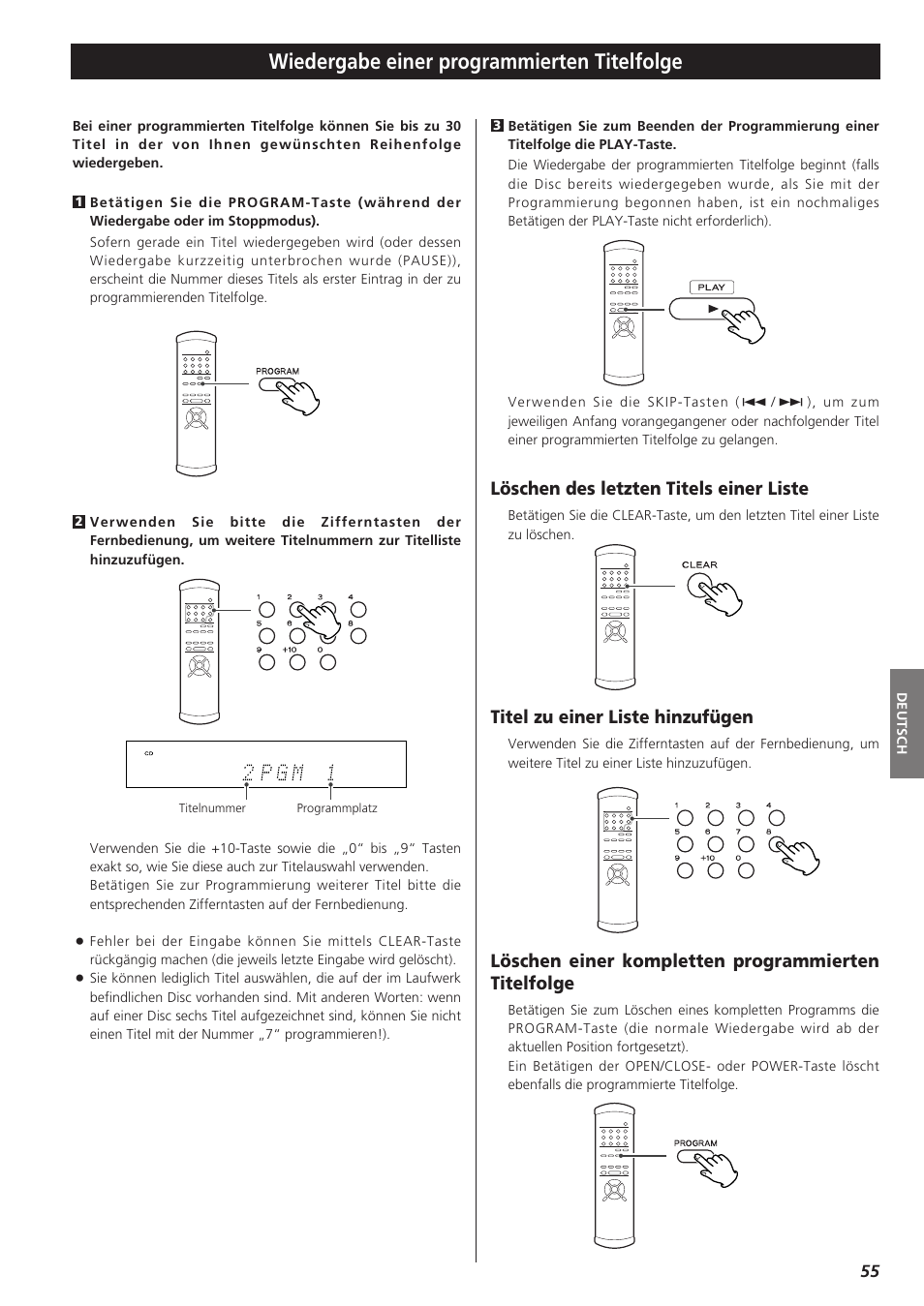 Wiedergabe einer programmierten titelfolge, Löschen des letzten titels einer liste, Titel zu einer liste hinzufügen | Löschen einer kompletten programmierten titelfolge | Teac X-01 User Manual | Page 55 / 64