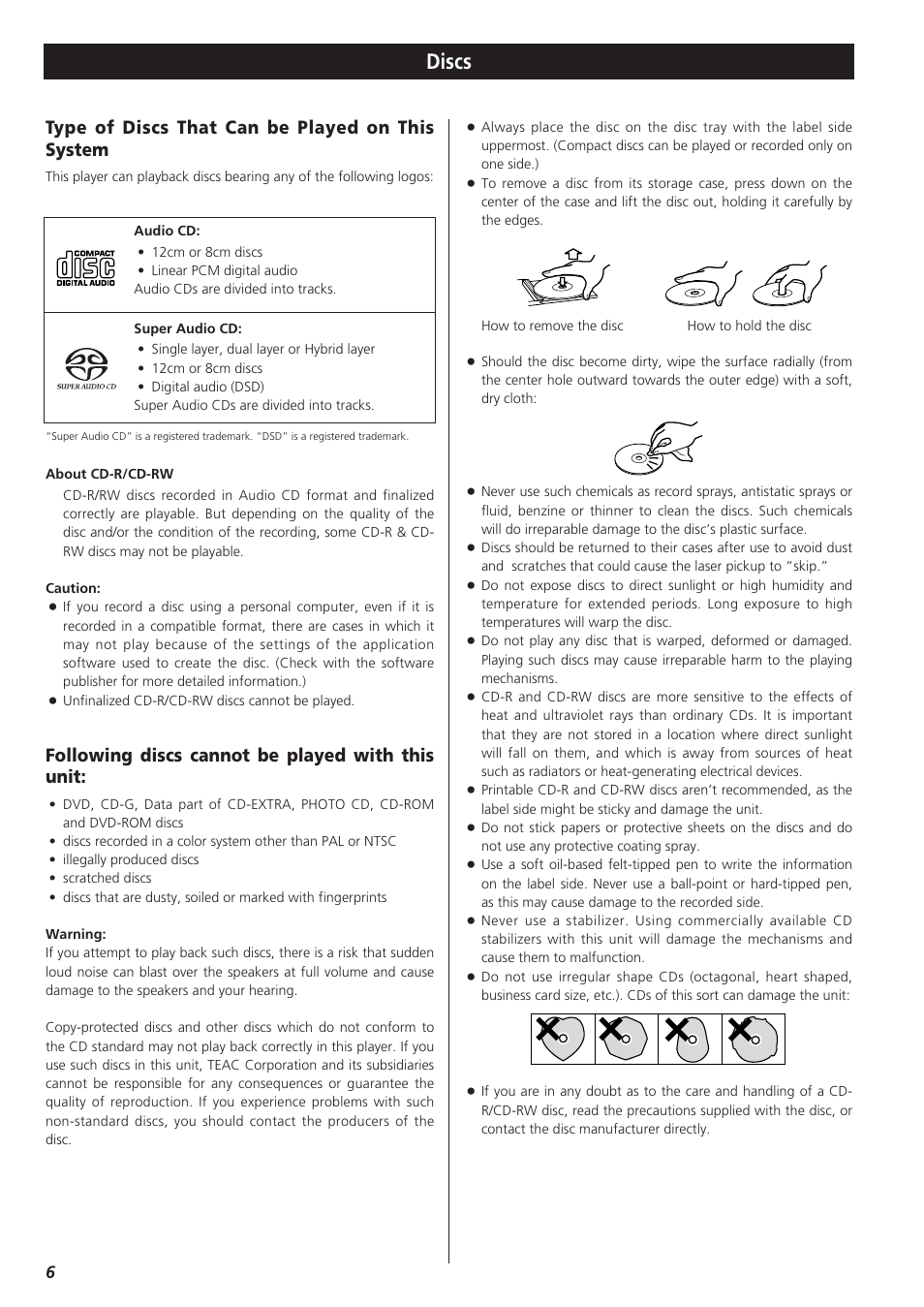 Discs, Type of discs that can be played on this system, Following discs cannot be played with this unit | Teac X-01 User Manual | Page 6 / 64