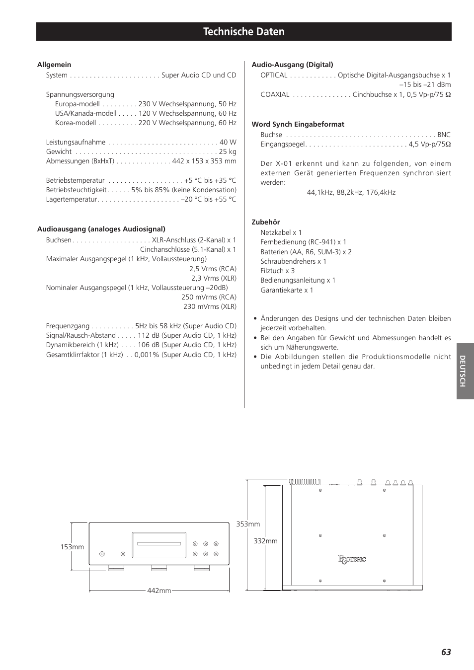 Technische daten | Teac X-01 User Manual | Page 63 / 64