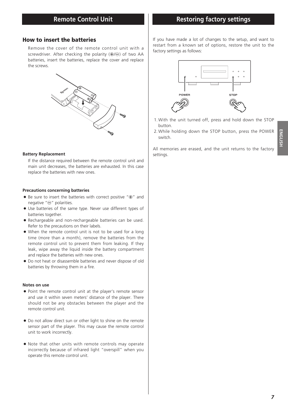 Remote control unit, Restoring factory settings, How to insert the batteries | Teac X-01 User Manual | Page 7 / 64