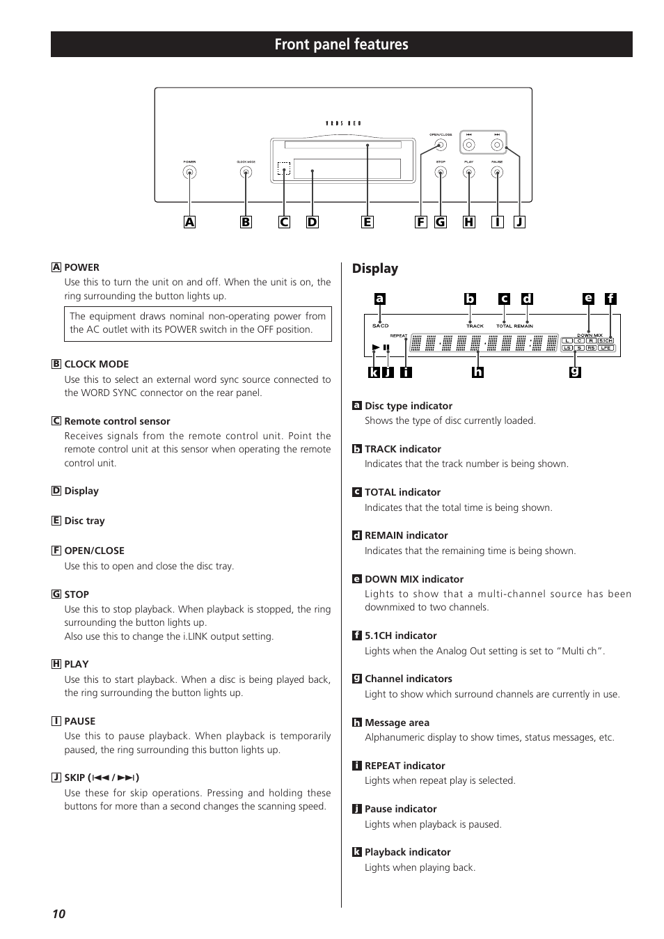 Front panel features, Display | Teac X-03 User Manual | Page 10 / 28