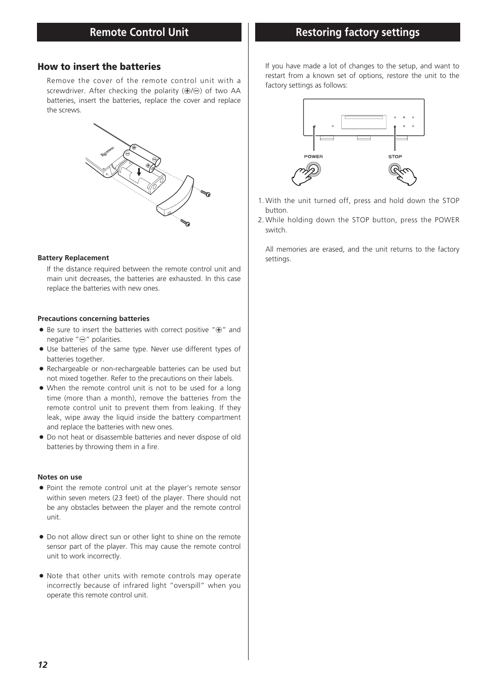 Remote control unit restoring factory settings, How to insert the batteries | Teac X-03 User Manual | Page 12 / 28