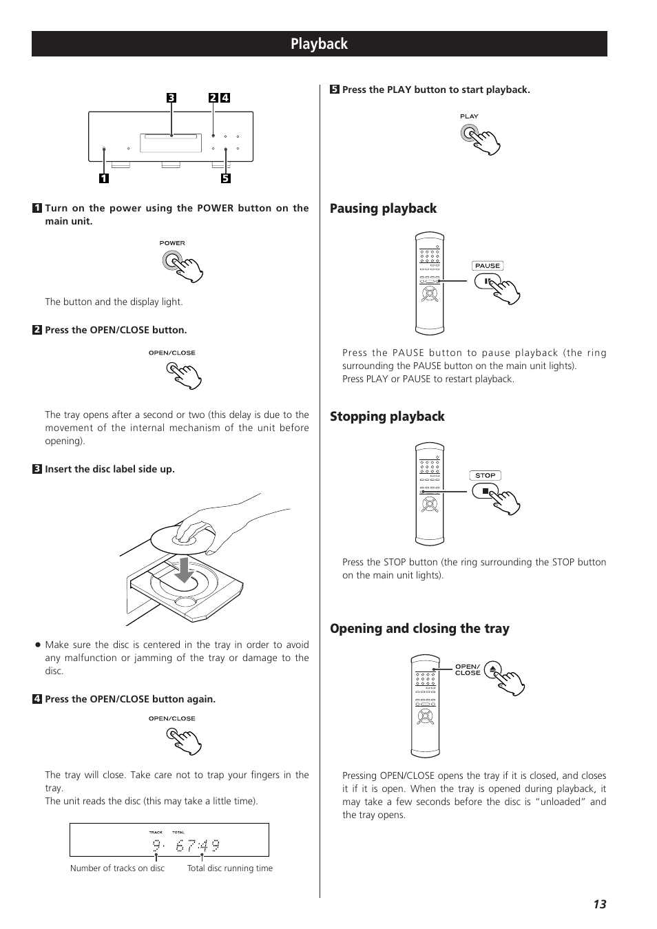 Playback, Opening and closing the tray, Pausing playback | Stopping playback | Teac X-03 User Manual | Page 13 / 28