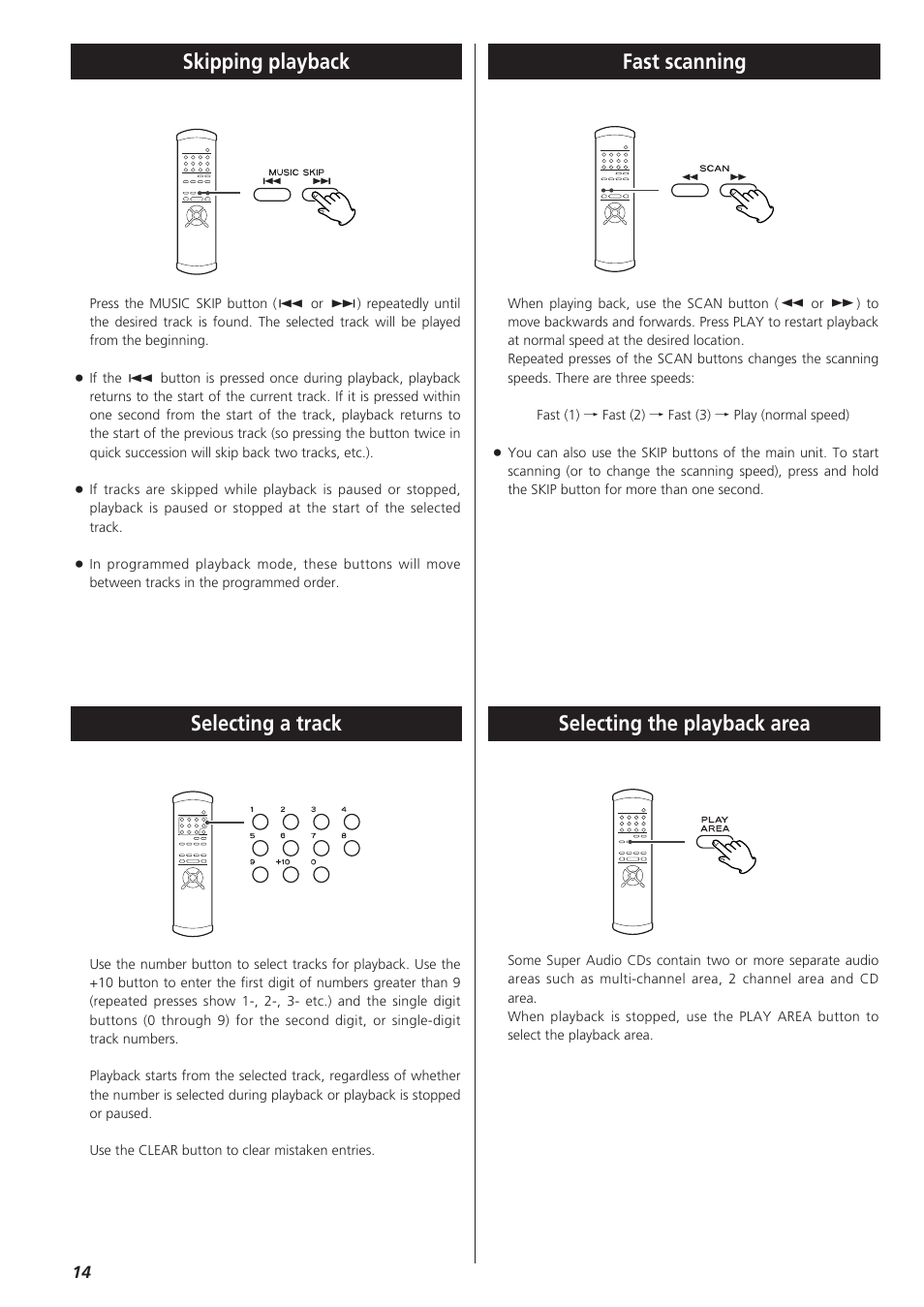 Fast scanning, Selecting a track, Skipping playback | Selecting the playback area, Selecting the playback area skipping playback | Teac X-03 User Manual | Page 14 / 28