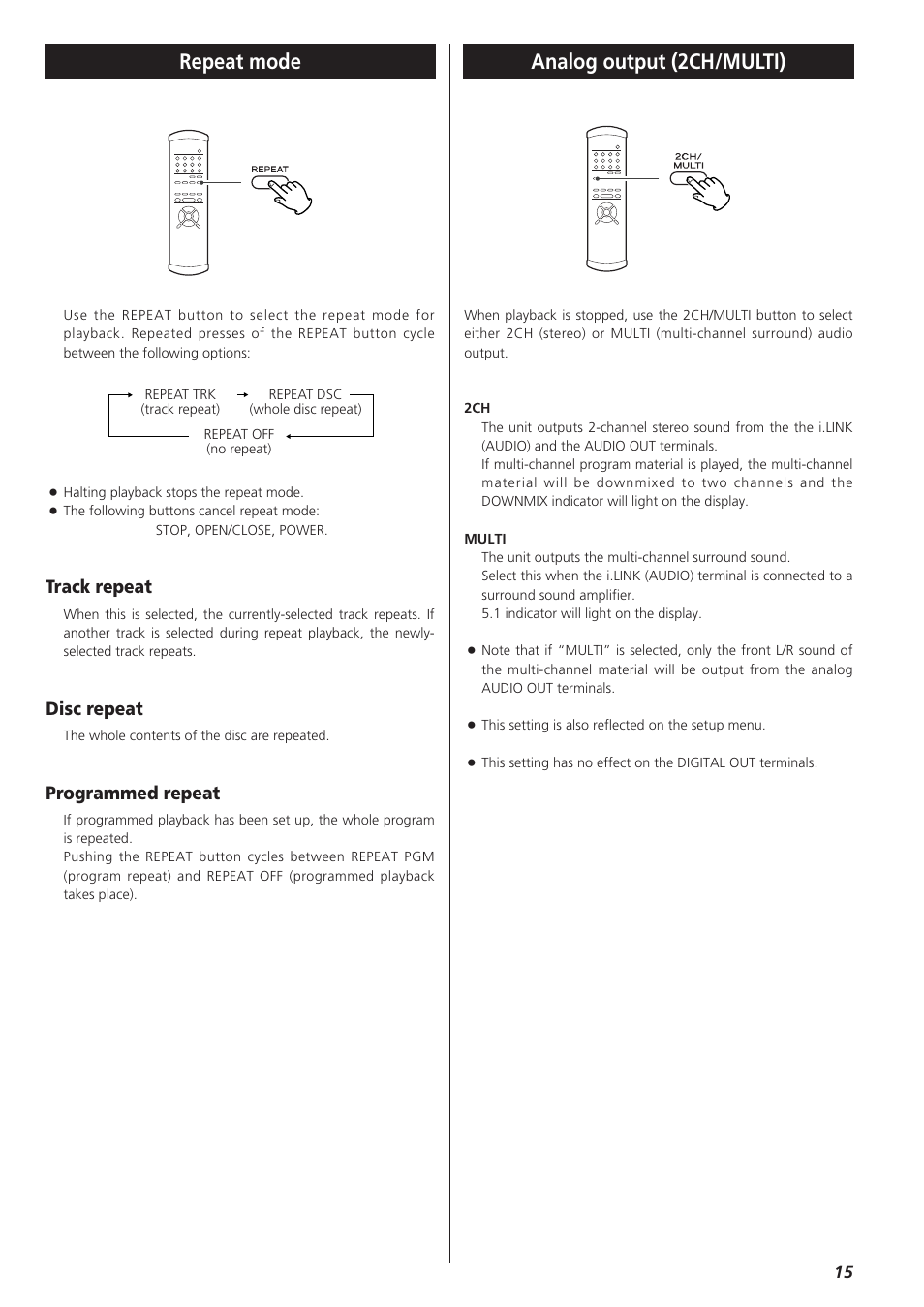 Repeat mode, Analog output (2ch/multi), Track repeat | Disc repeat, Programmed repeat | Teac X-03 User Manual | Page 15 / 28