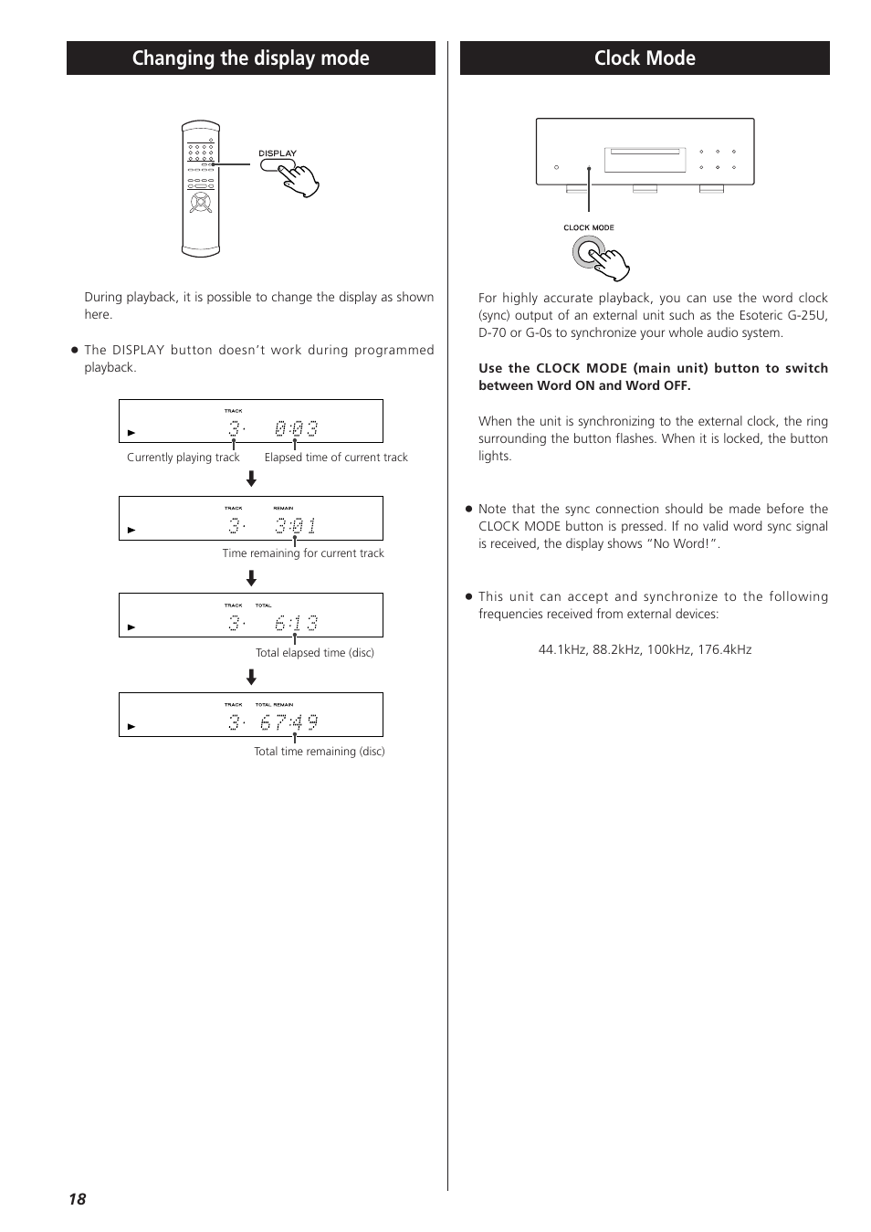 Changing the display mode, Clock mode | Teac X-03 User Manual | Page 18 / 28