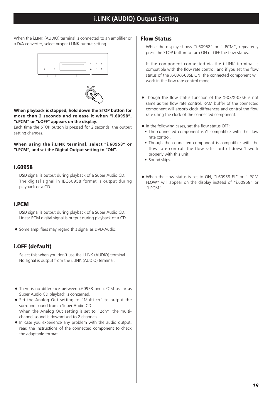 I.link (audio) output setting, I.pcm, I.off (default) | Flow status | Teac X-03 User Manual | Page 19 / 28