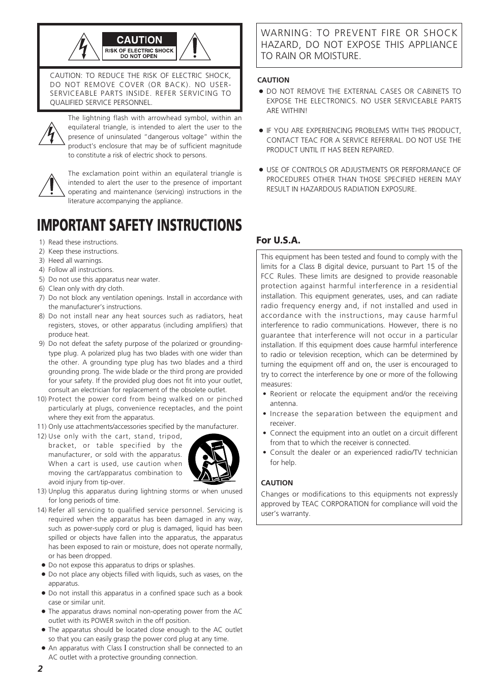 Important safety instructions, For u.s.a | Teac X-03 User Manual | Page 2 / 28