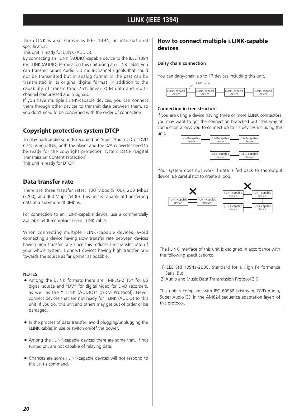 I.link (ieee 1394), Copyright protection system dtcp, Data transfer rate | How to connect multiple i.link-capable devices | Teac X-03 User Manual | Page 20 / 28