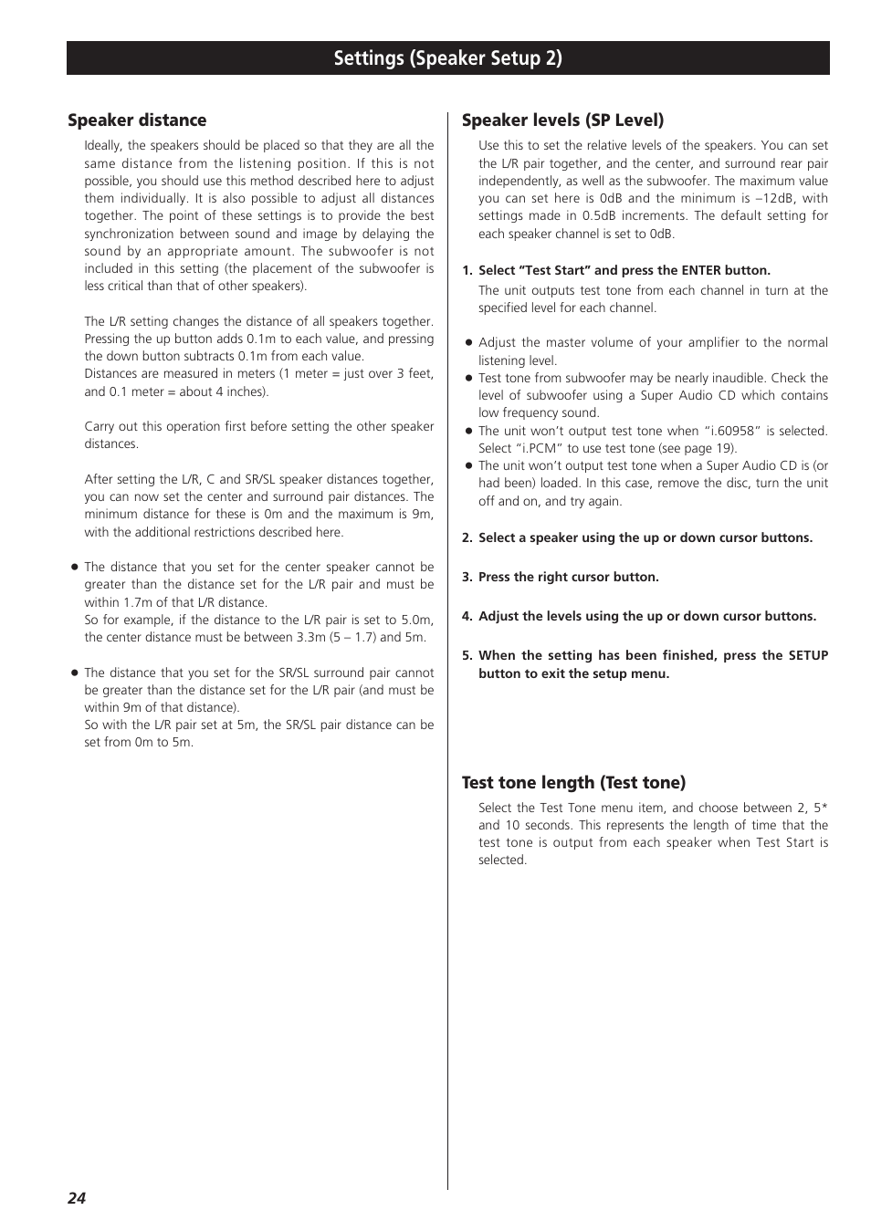 Settings (speaker setup 2), Speaker distance, Speaker levels (sp level) | Test tone length (test tone) | Teac X-03 User Manual | Page 24 / 28