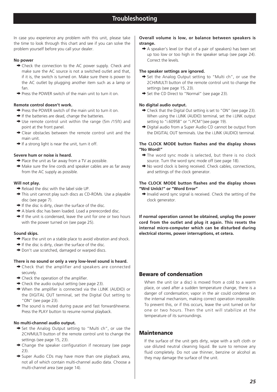 Troubleshooting, Beware of condensation, Maintenance | Teac X-03 User Manual | Page 25 / 28