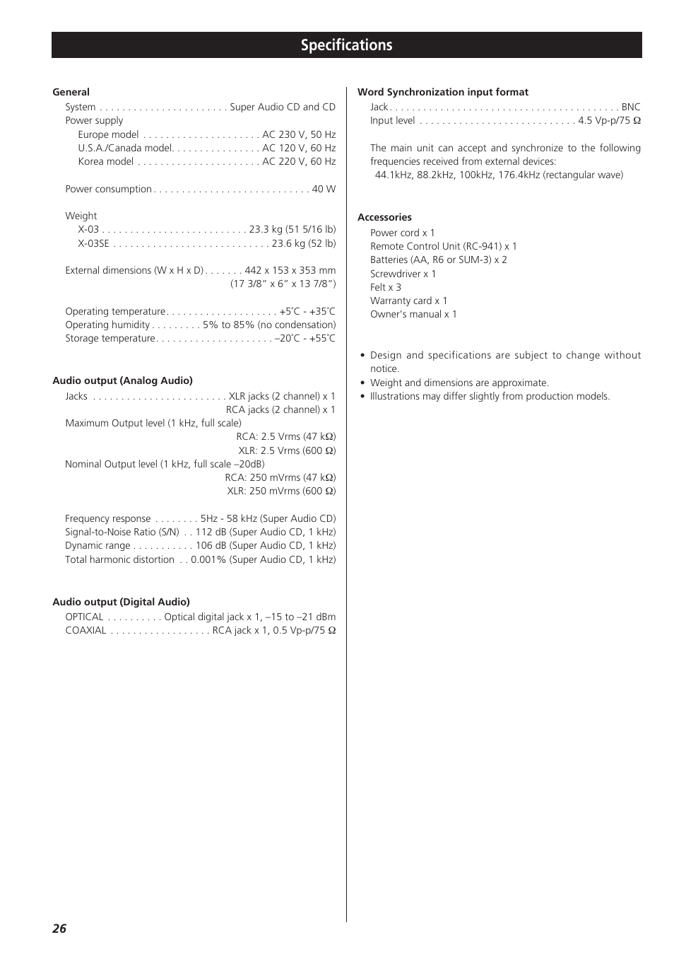 Specifications | Teac X-03 User Manual | Page 26 / 28