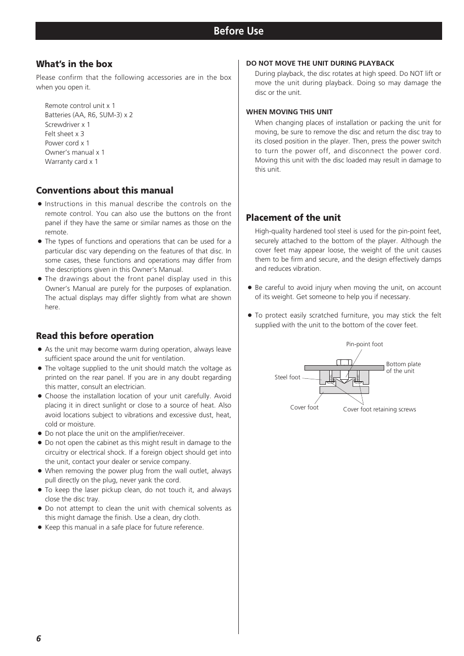 Before use, What’s in the box, Conventions about this manual | Read this before operation, Placement of the unit | Teac X-03 User Manual | Page 6 / 28