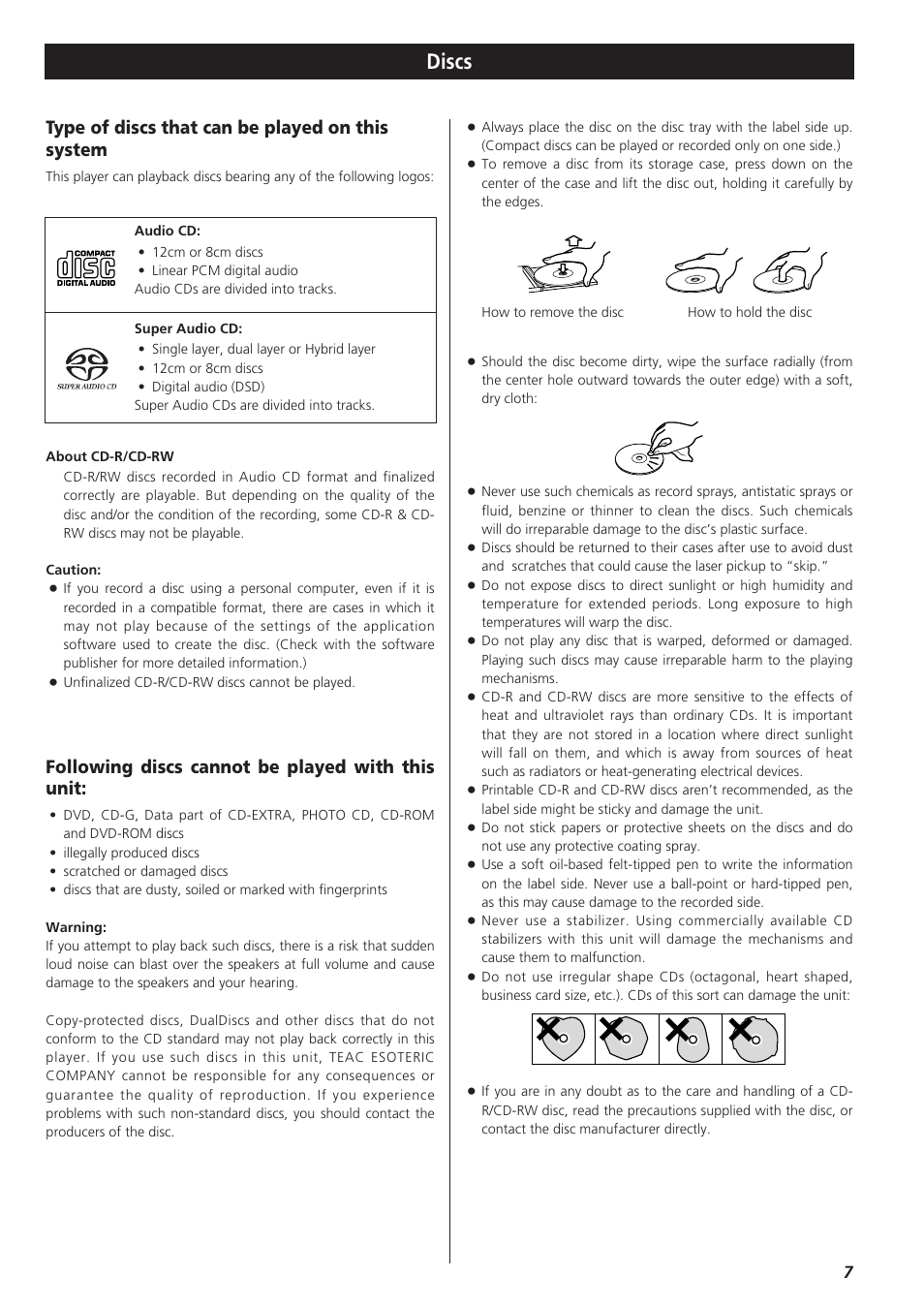 Discs, Type of discs that can be played on this system, Following discs cannot be played with this unit | Teac X-03 User Manual | Page 7 / 28