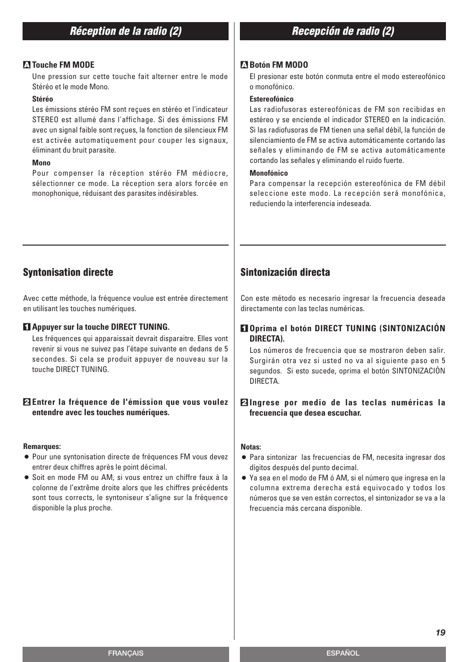 Réception de la radio (2) recepción de radio (2) | Teac T-R670AM User Manual | Page 19 / 32