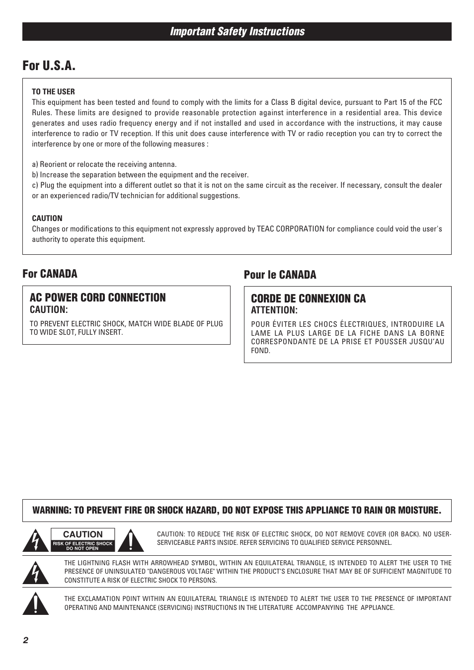 Y e r, For u.s.a | Teac T-R670AM User Manual | Page 2 / 32