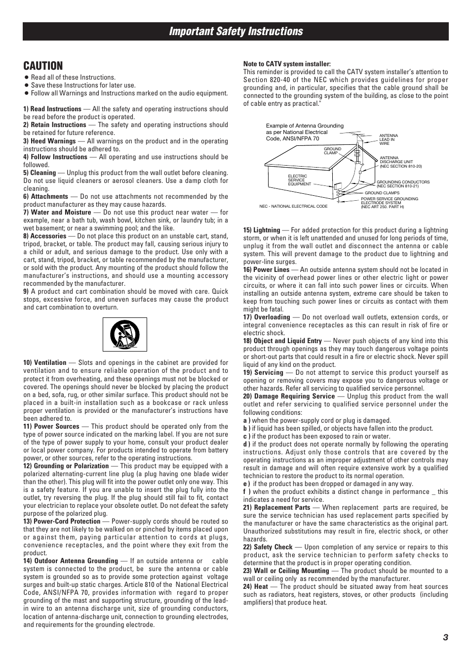 Important safety instructions, Caution | Teac T-R670AM User Manual | Page 3 / 32