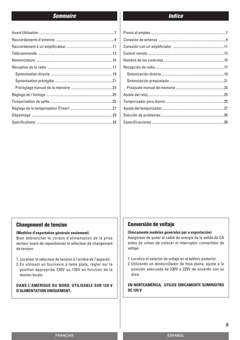 Sommaire indice, Changement de tension, Conversión de voltaje | Teac T-R670AM User Manual | Page 5 / 32