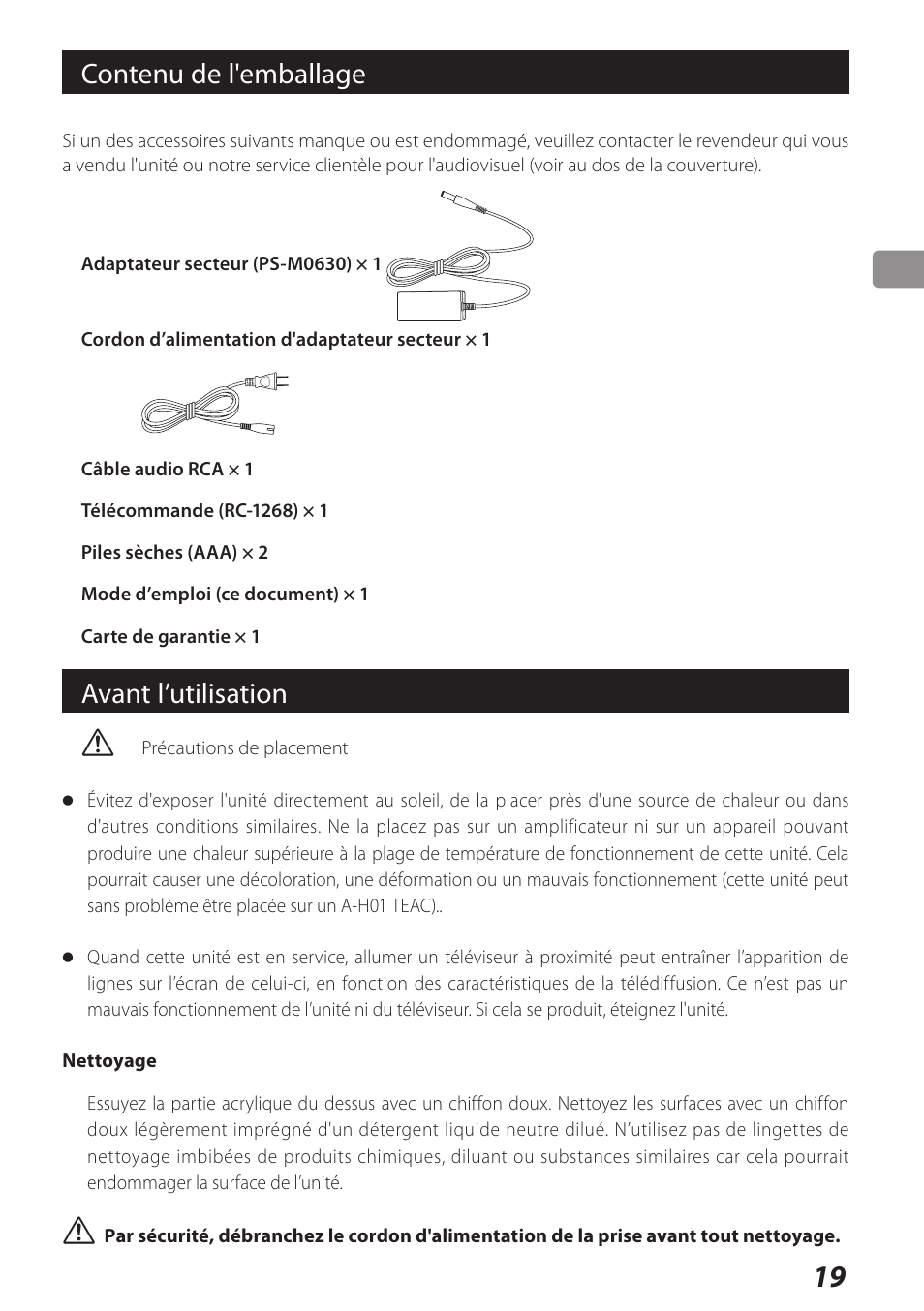 Contenu de l'emballage, Avant l’utilisation | Teac DS-H01DIGITAL DOCKING STATION 3D0806920B User Manual | Page 19 / 48