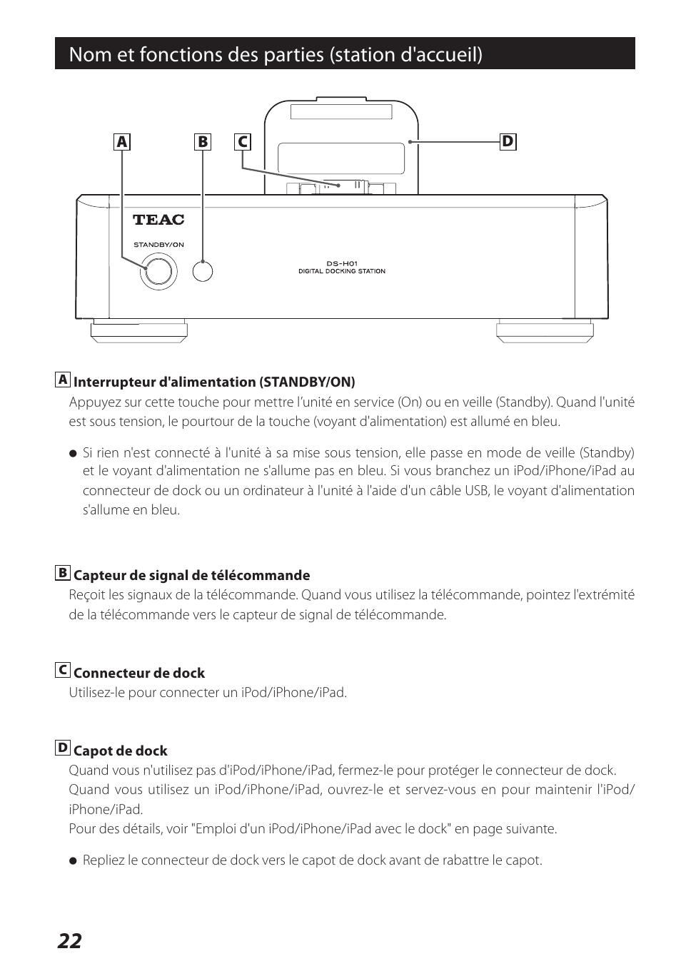 Nom et fonctions des parties (station d'accueil) | Teac DS-H01DIGITAL DOCKING STATION 3D0806920B User Manual | Page 22 / 48