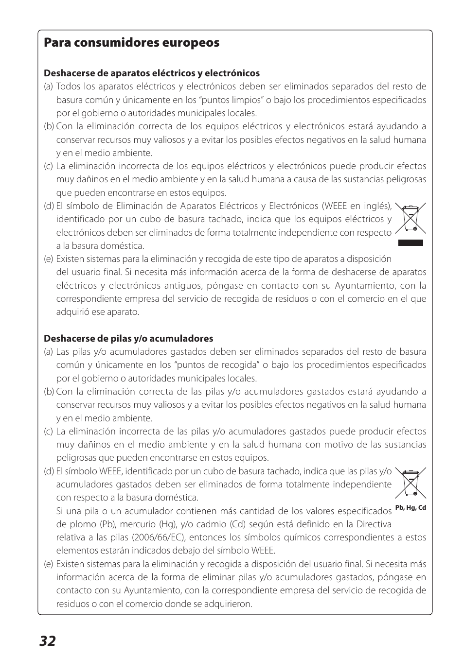 Español, Para consumidores europeos | Teac DS-H01DIGITAL DOCKING STATION 3D0806920B User Manual | Page 32 / 48