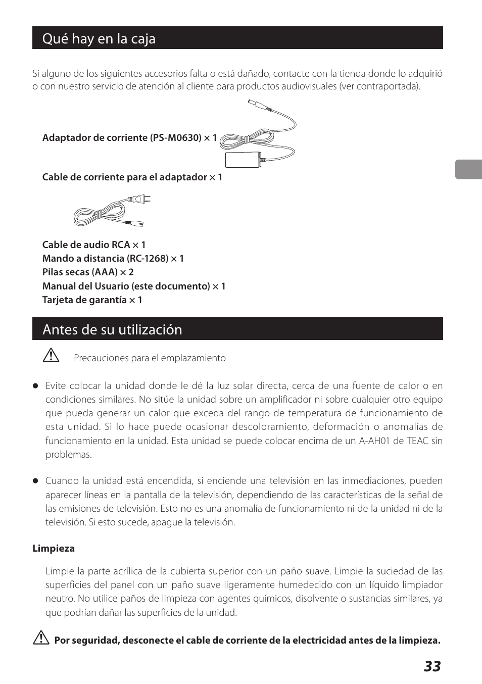 Qué hay en la caja, Antes de su utilización | Teac DS-H01DIGITAL DOCKING STATION 3D0806920B User Manual | Page 33 / 48