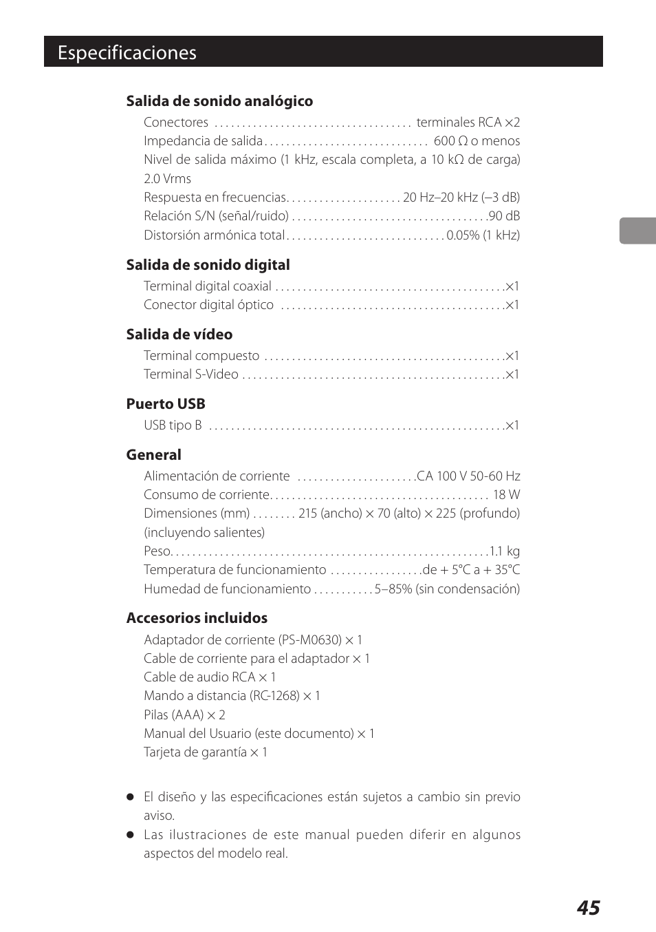 Especificaciones | Teac DS-H01DIGITAL DOCKING STATION 3D0806920B User Manual | Page 45 / 48