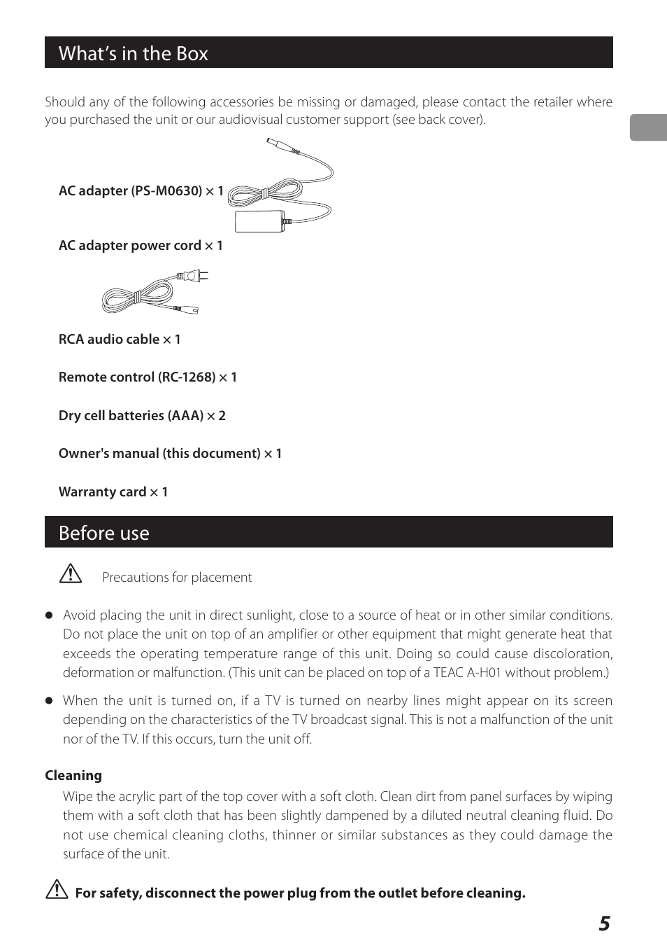 What’s in the box, Before use | Teac DS-H01DIGITAL DOCKING STATION 3D0806920B User Manual | Page 5 / 48