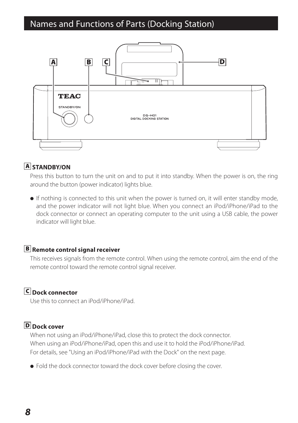 Names and functions of parts (docking station) | Teac DS-H01DIGITAL DOCKING STATION 3D0806920B User Manual | Page 8 / 48