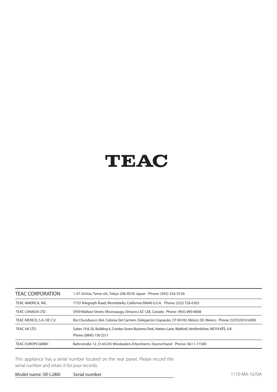 Teac SR-L280i User Manual | Page 100 / 100