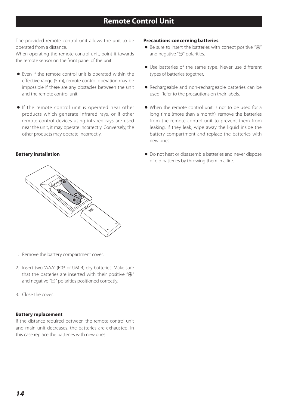 Remote control unit, 14 remote control unit | Teac SR-L280i User Manual | Page 14 / 100