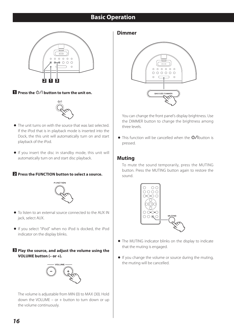 Basic operation, 16 basic operation, Dimmer | Muting | Teac SR-L280i User Manual | Page 16 / 100